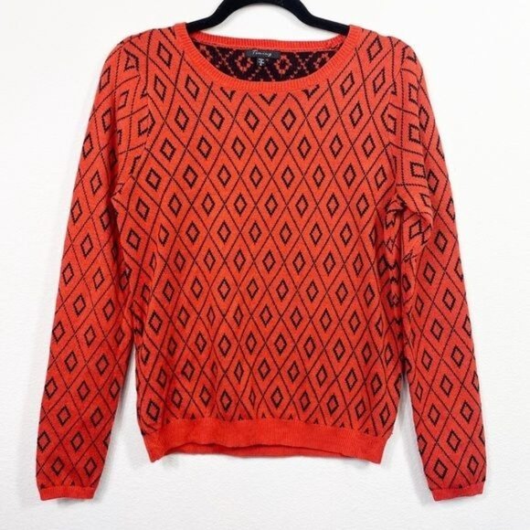 Timing Orange & Navy Diamond Print Crewneck Sweater 100% Acrylic Size Small - Picture 2 of 8